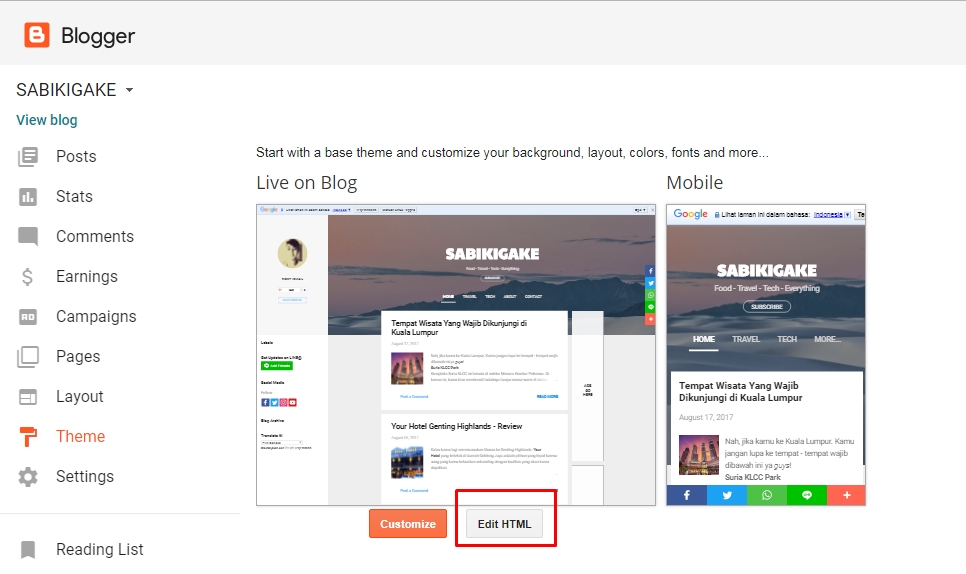 Halaman dashboard platform blogging Blogspot